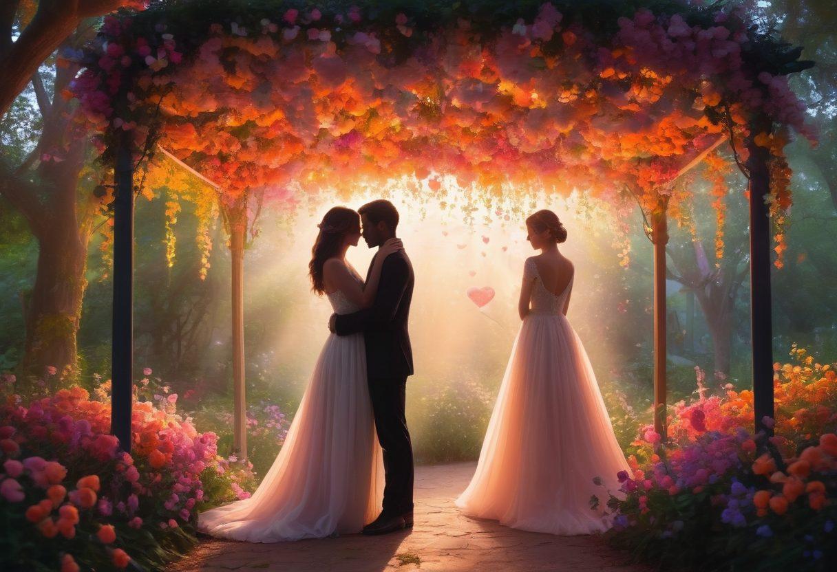 A romantic scene depicting two silhouettes leaning towards each other under a canopy of colorful flowers, with soft glowing lights creating an enchanting atmosphere. In the background, there are blooming hearts and subtle hints of warm colors representing love and intimacy. A soft breeze rustles through, enhancing the feeling of closeness and flirtation. ethereal. vibrant colors. dreamy atmosphere.